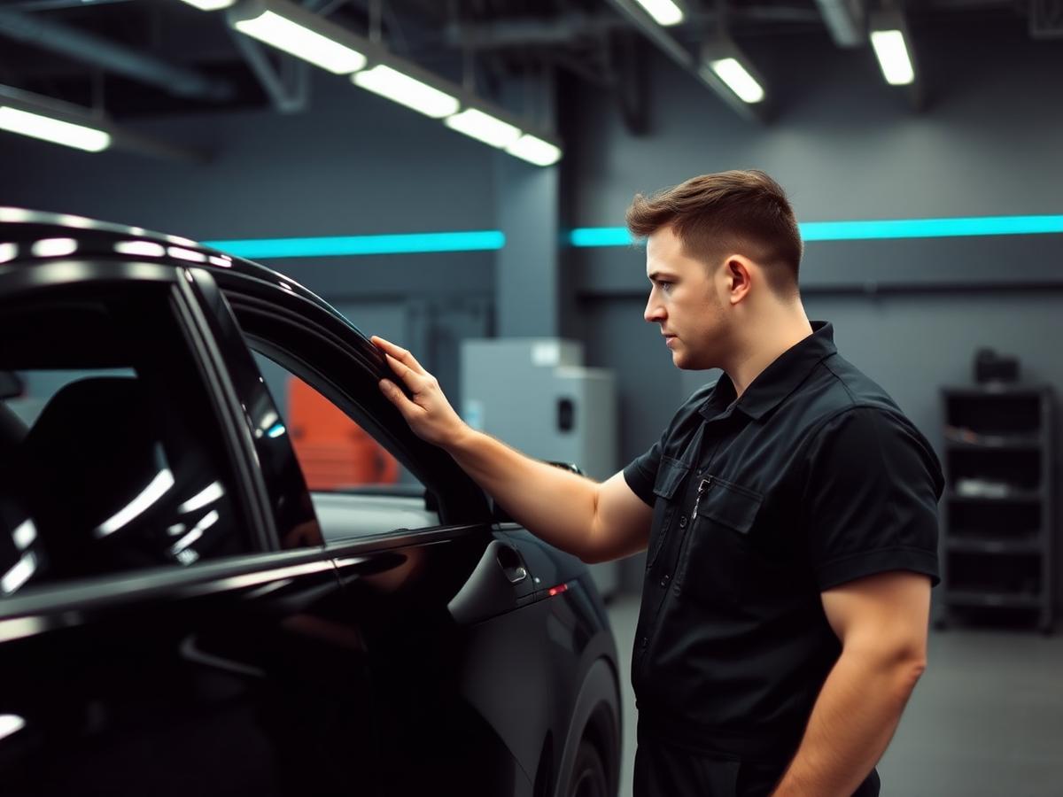 Technician inspecting a vehicle in a modern body shop